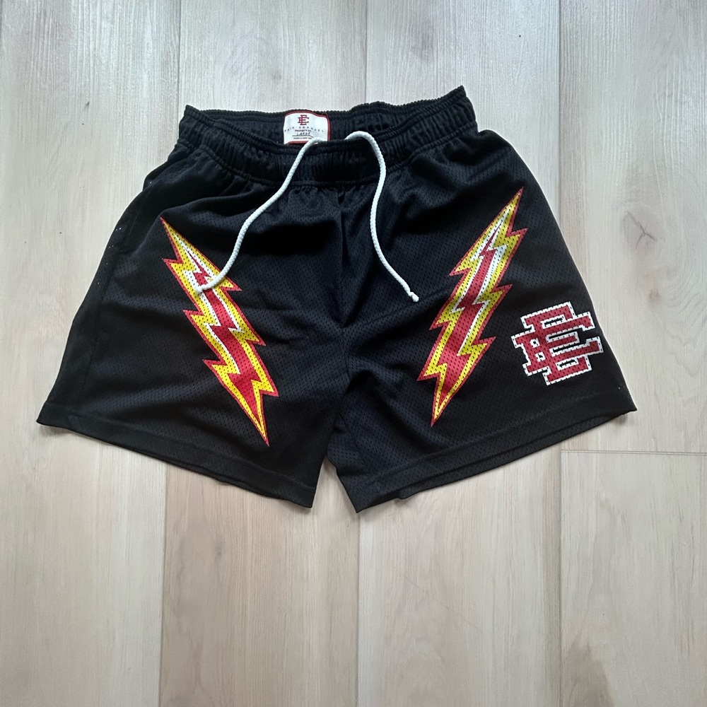 Eric Emanuel Lightning Bolt Shorts- Black/Yellow/Red - Large